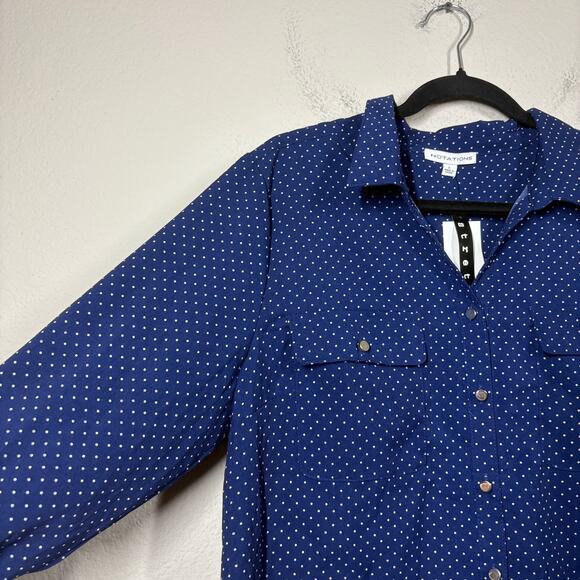 Notations Womens Size Large Polka Dot Button Up Shirt Navy Blue Roll Tab Sleeves - Picture 5 of 9
